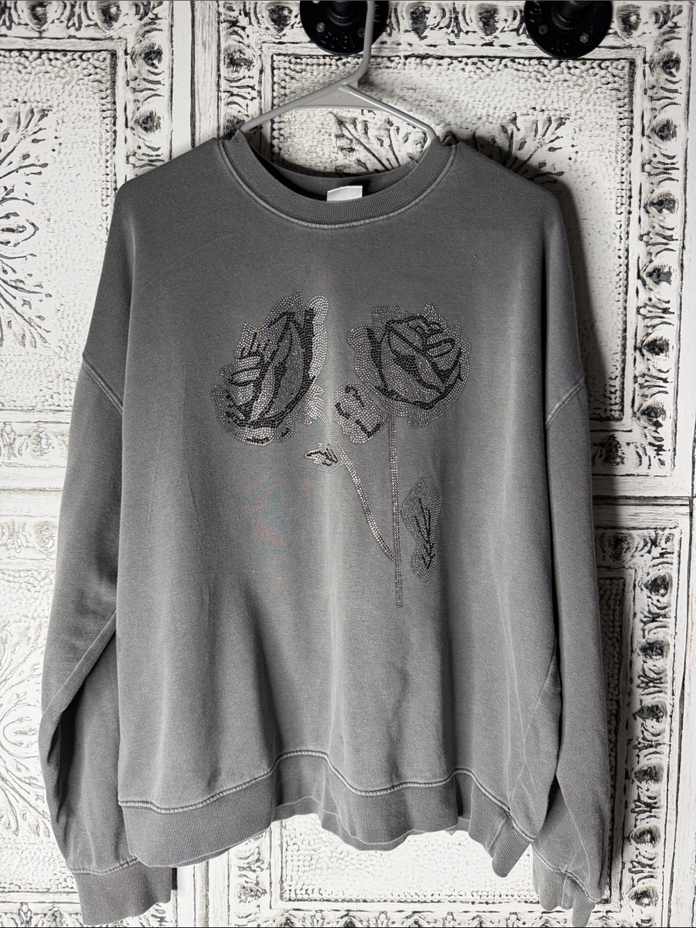 Women’s Goodie Two Sleeves Gray Rose Embellished Crewneck Sweater